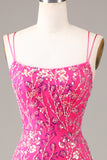 Sparkly Fuchsia Sheath Spaghetti Straps Sequins Prom Dress with Split Front