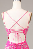 Sparkly Fuchsia Sheath Spaghetti Straps Sequins Prom Dress with Split Front