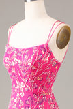 Sparkly Fuchsia Sheath Spaghetti Straps Sequins Prom Dress with Split Front