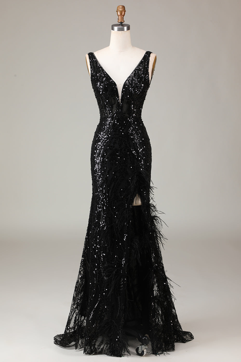 Wedtrend Women Sparkly Black Prom Dress Mermaid Long Corset Feathered Evening Dress With Slit WEDTREND Wedtrend Women Sparkly Black Prom Dress Mermaid Long Corset Feathered Evening Dress With Slit WEDTREND