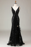 Glitter Black Mermaid Long Corset Feathered Prom Dress With Slit