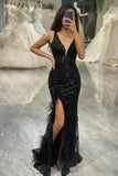 Glitter Black Mermaid Long Corset Feathered Prom Dress With Slit