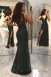 Glitter Black Mermaid Long Corset Feathered Prom Dress With Slit