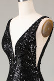 Sparkly Black Mermaid V Neck Sequins Prom Dress with Feathers
