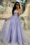 Sparkly Lilac A Line Tulle Long Corset Prom Dress With  Appliques