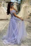Sparkly Lilac A Line Tulle Long Corset Prom Dress With  Appliques