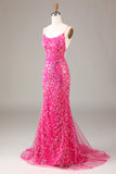 Fuchsia Mermaid Spaghetti Straps Backless Sparkly Sequins Prom Dress with Split Front