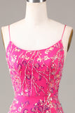 Fuchsia Mermaid Spaghetti Straps Backless Sparkly Sequins Prom Dress with Split Front