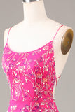 Fuchsia Mermaid Spaghetti Straps Backless Sparkly Sequins Prom Dress with Split Front