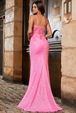 Pink Mermaid Spaghetti Straps Glitter Sequin Prom Dress with High Slit