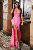 Pink Mermaid Spaghetti Straps Glitter Sequin Prom Dress with High Slit