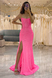 Glitter Pink Mermaid Sequins Long Prom Dress With Slit