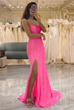 Glitter Pink Mermaid Sequins Long Prom Dress With Slit