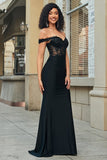 Sparkly Black Mermaid Off The Shoulder Sequins Corset Long Prom Dress