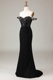 Sparkly Mermaid Off The Shoulder Black Sequins Corset Long Prom Dress