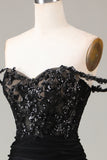 Sparkly Mermaid Off The Shoulder Black Sequins Corset Long Prom Dress