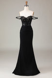 Sparkly Black Mermaid Off The Shoulder Sequins Corset Long Prom Dress