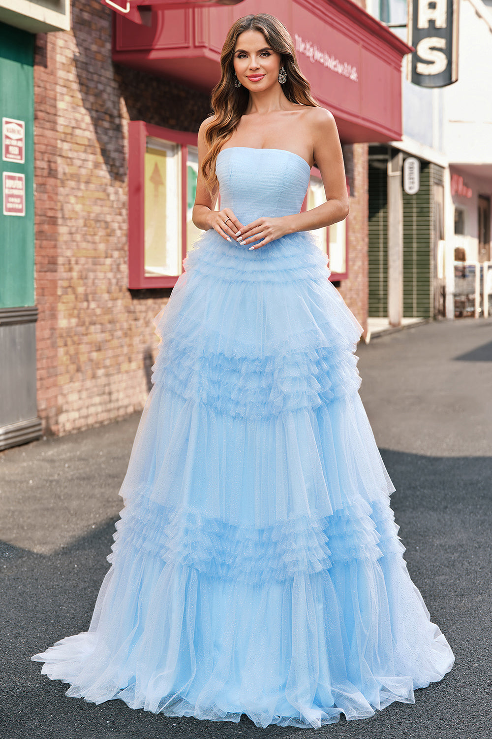 WEDTREND Women Light Blue Tulle Long Prom Dress A Line Strapless Tiered Evening Party Dress WEDTREND Women Light Blue Tulle Long Prom Dress A Line Strapless Tiered Evening Party Dress