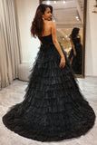 Sparkly Black A Line Long Corset Tiered Tulle Prom Dress With Slit