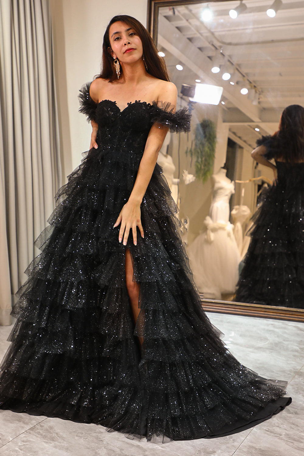 Wedtrend Women Sparkly Black Prom Dress A Line Long Corset Tiered Tulle Party Dress With Slit WEDTREND Wedtrend Women Sparkly Black Prom Dress A Line Long Corset Tiered Tulle Party Dress With Slit WEDTREND
