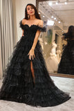 Sparkly Black A Line Long Corset Tiered Tulle Prom Dress With Slit