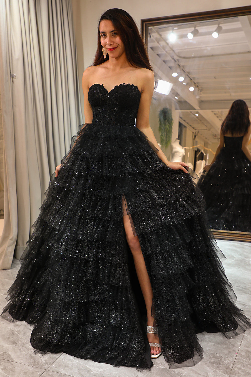 Wedtrend Women Sparkly Black Prom Dress A Line Long Corset Tiered Tulle Party Dress With Slit, Black / US16W