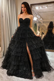Sparkly Black A Line Long Corset Tiered Tulle Prom Dress With Slit