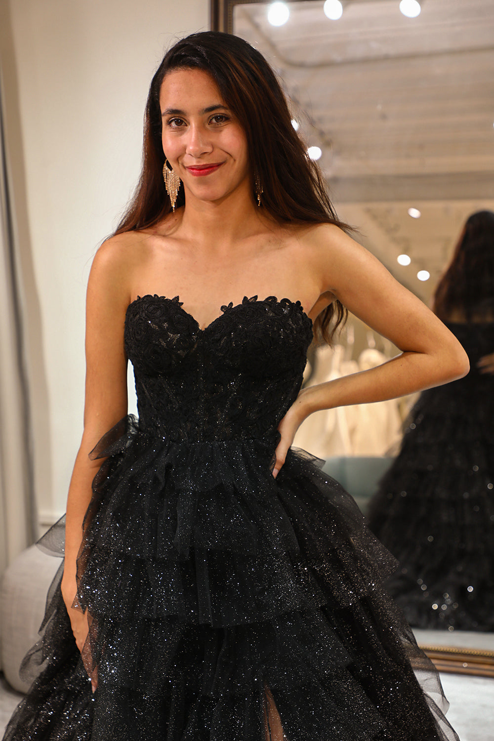 Wedtrend Women Sparkly Black Prom Dress A Line Long Corset Tiered Tulle Party Dress with Slit, Black / US16W Wedtrend Women Sparkly Black Prom Dress A Line Long Corset Tiered Tulle Party Dress with Slit, Black / US16W