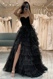 Sparkly Black A Line Long Corset Tiered Tulle Prom Dress With Slit