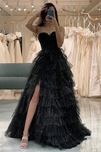 Wedtrend Women Sparkly Black Prom Dress A Line Long Corset Tiered Tulle