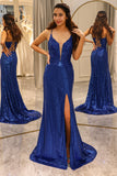 Sparkly Royal Blue Mermaid Spaghetti Straps V Neck Long Prom Dress With Slit