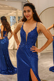 Sparkly Royal Blue Mermaid Spaghetti Straps V Neck Long Prom Dress With Slit
