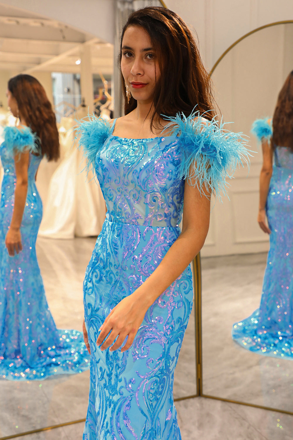 Glitter Light Blue Mermaid Long Prom Dress With Feathers