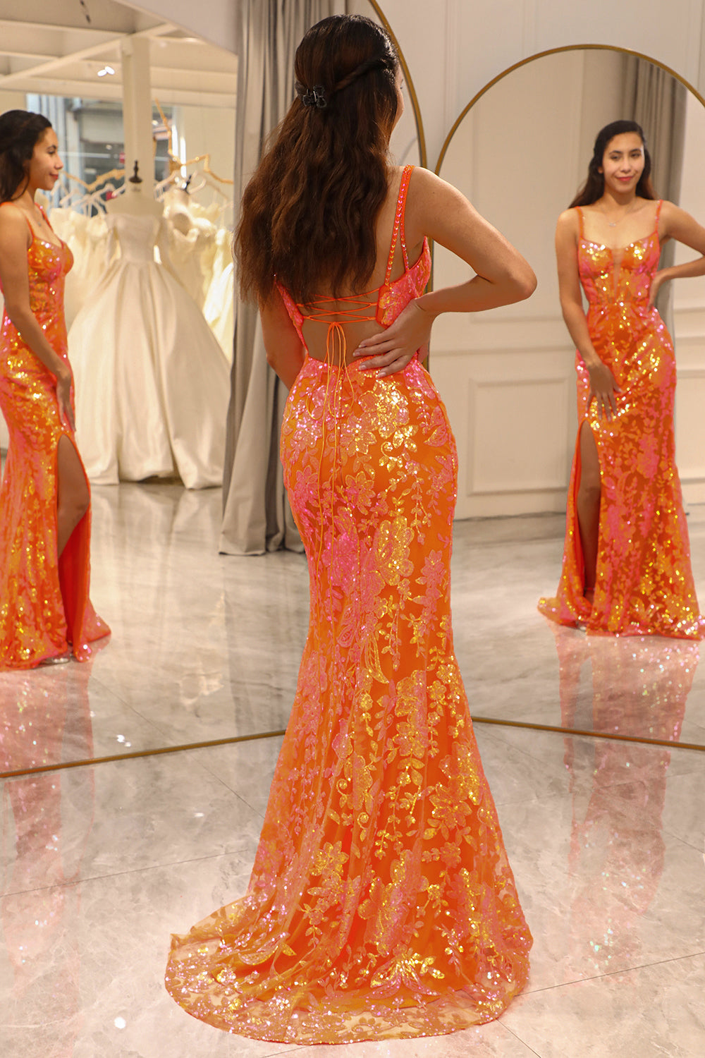 Glitter Orange Mermaid Corset Long Corset Prom Dress With Slit