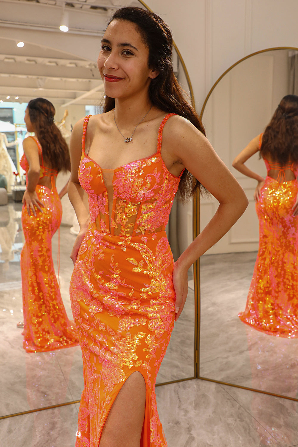 Sparkly Orange Mermaid Spaghetti Straps Long Corset Prom Dress With Slit