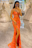 Glitter Orange Mermaid  Corset Long Corset Prom Dress With Slit