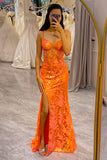 Glitter Orange Mermaid  Corset Long Corset Prom Dress With Slit