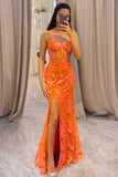 Glitter Orange Mermaid  Corset Long Corset Prom Dress With Slit