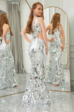Sparkly Silver Mermaid Cut Out One Shoulder Mirror Long Prom Dress