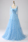 Light Blue A-Line Spaghetti Straps Pleated Long Prom Dress