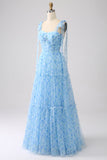 Light Blue A-Line Spaghetti Straps Pleated Long Prom Dress