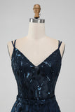 Sparkly Navy A Line Spaghetti Straps Sequins Short Homecoming Dress