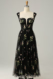 Black A Line Sweetheart Tea Length Wedding Party Dress with Embroidery