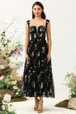 Black A Line Sweetheart Tea Length Wedding Party Dress with Embroidery