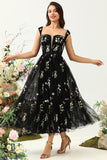 Black A Line Sweetheart Tea Length Wedding Party Dress with Embroidery