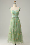A Line Sweetheart Tea Length Party Dress with Embroidery