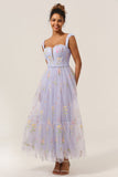 A Line Sweetheart Lilac Tea Length Formal Dress with Embroidery