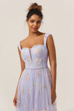 A Line Sweetheart Lilac Tea Length Formal Dress with Embroidery