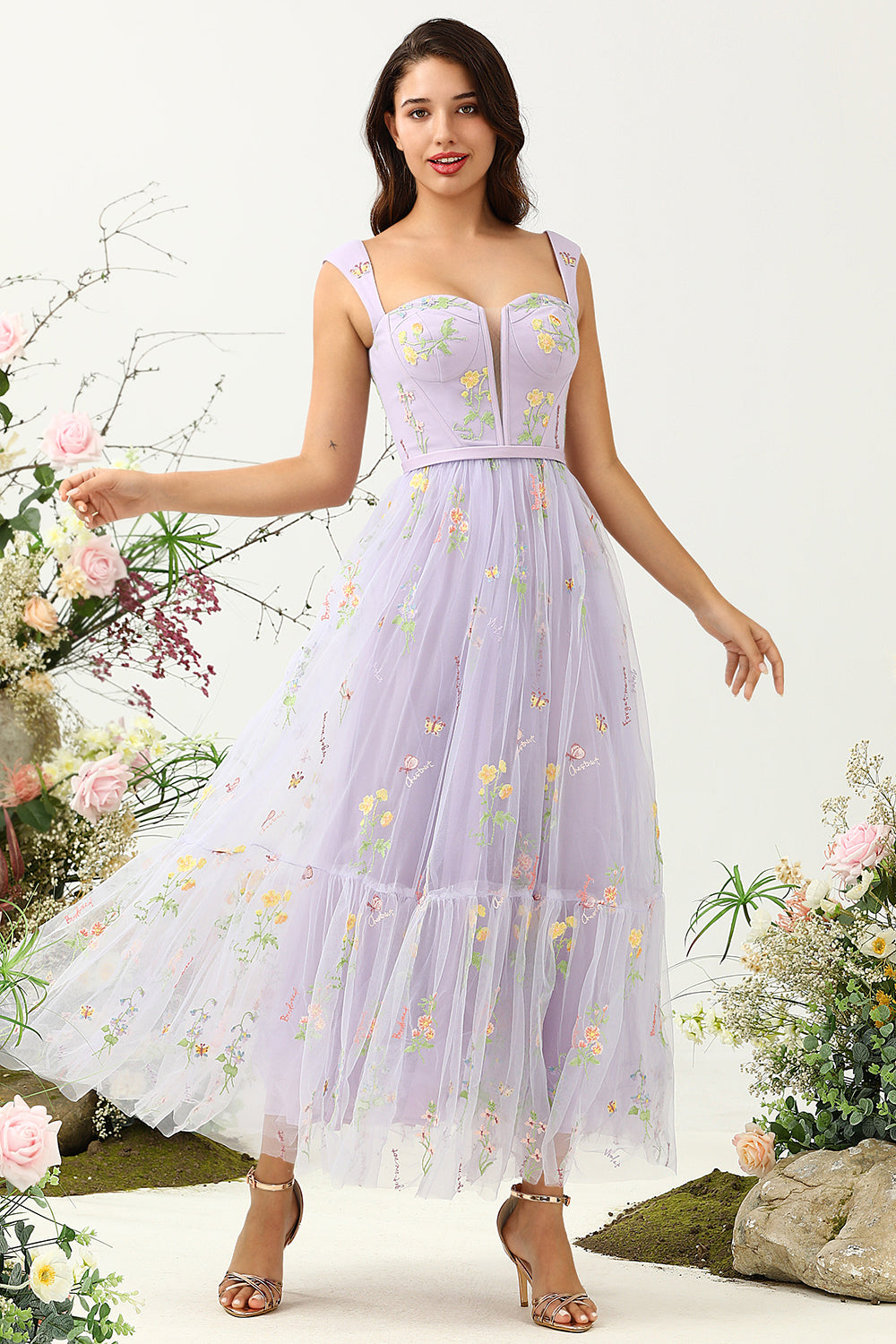 Purple A Line Sweetheart Tea Length Party Dress with Embroidery