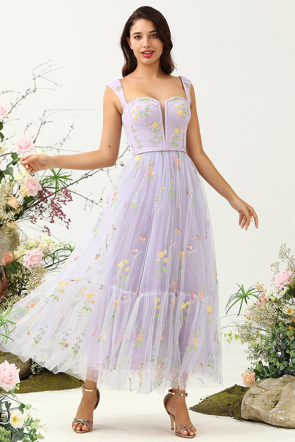 Wedtrend Women Bridesmaid Dress Purple A Line Sweetheart Tea Length Party Dress with Embroidery WEDTREND Wedtrend Women Bridesmaid Dress Purple A Line Sweetheart Tea Length Party Dress with Embroidery WEDTREND